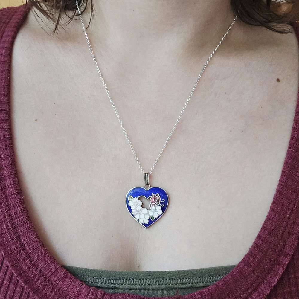 Vintage Floral Enamel Navy Heart Necklace